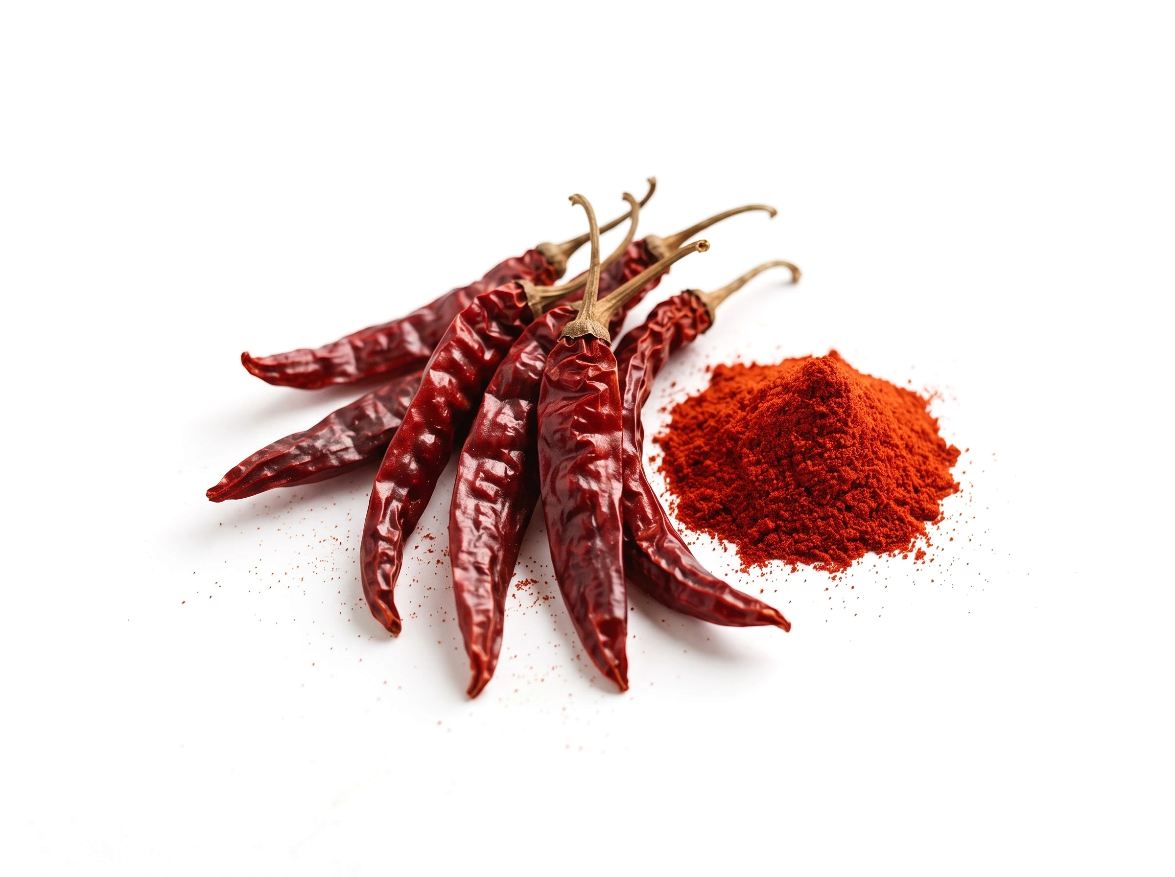 Whole dried Byadagi chillies beside a mound of ground chilli powder