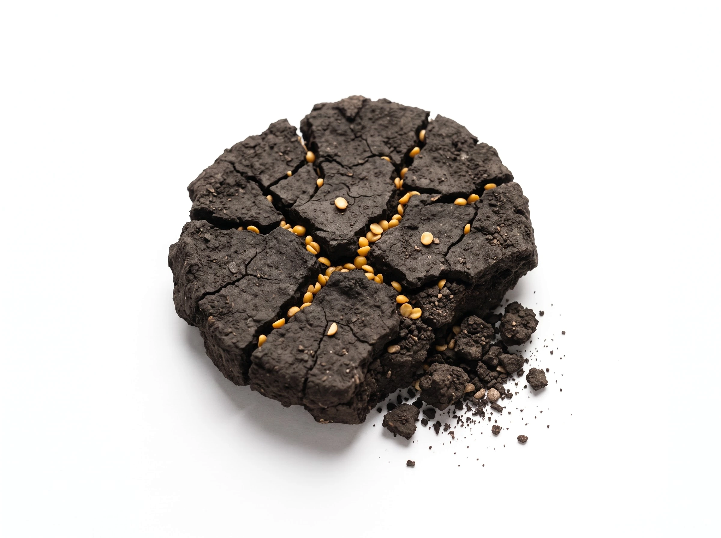 A cracked slab of dry black cotton soil with tur dal splits in the cracks